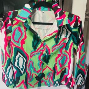 Multi Color Striped Womens Collard Blouse w/Roll Tab Sleeve (S)